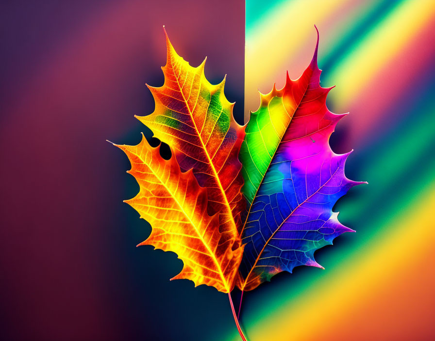 Colorful Maple Leaf Transitioning from Red and Orange to Blue and Purple on Rainbow Background