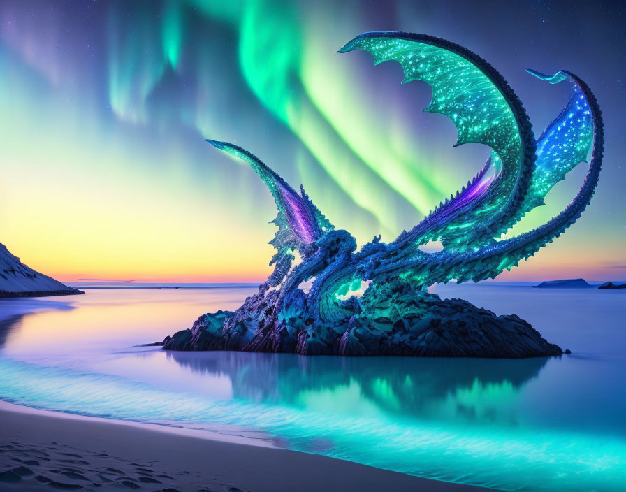 Majestic dragon with glowing wings under Northern Lights by the sea