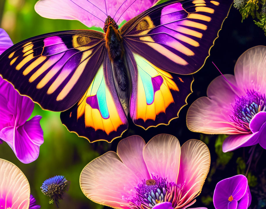 Colorful Butterfly on Pink and Purple Flowers with Soft-focus Background