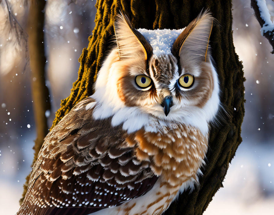 Majestic owl on snow-covered tree branch in winter forest