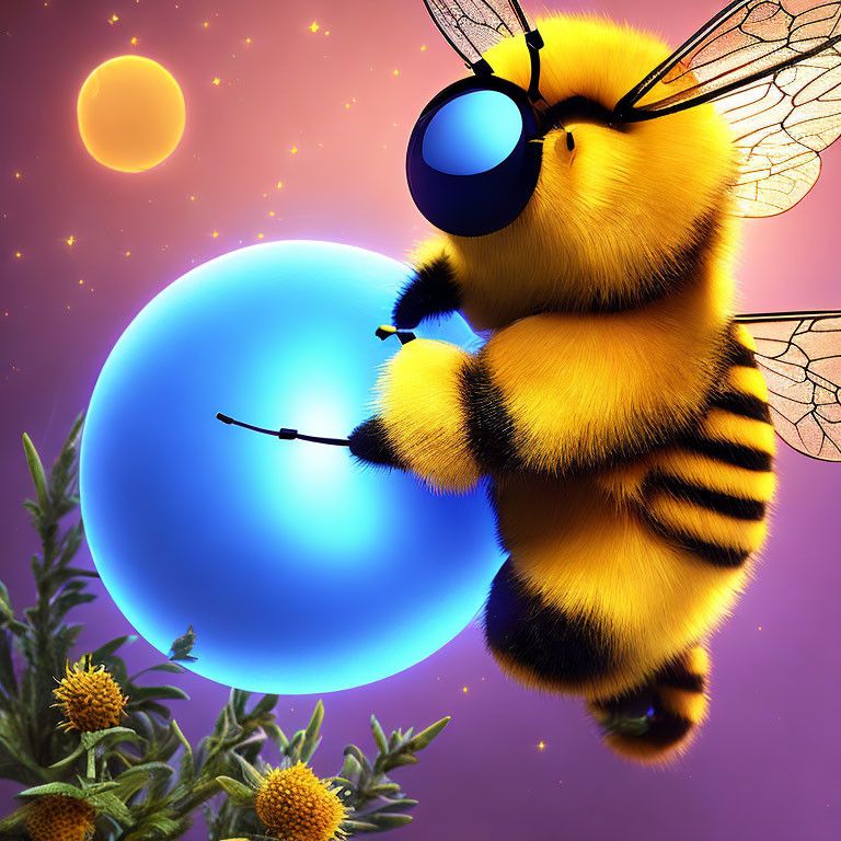 Whimsical illustration of large bee with magnifying glass and glowing blue orb on purple backdrop with flowers