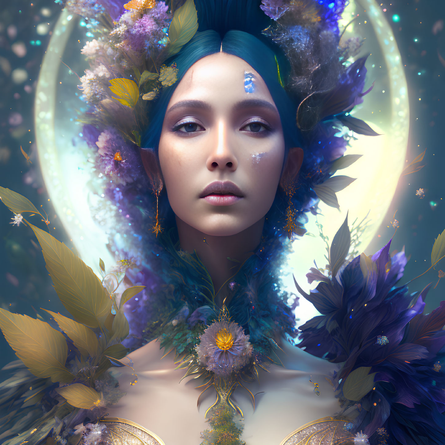 Vibrant surreal portrait of a woman with blue hair and floral adornments