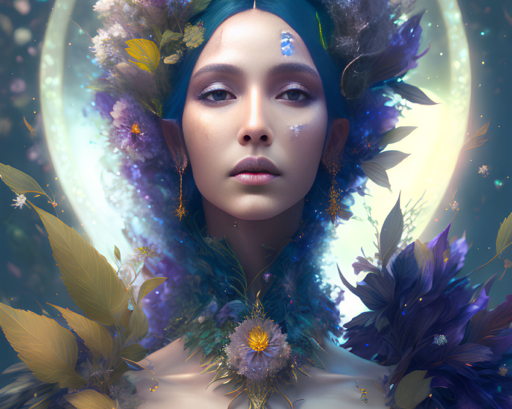 Vibrant surreal portrait of a woman with blue hair and floral adornments