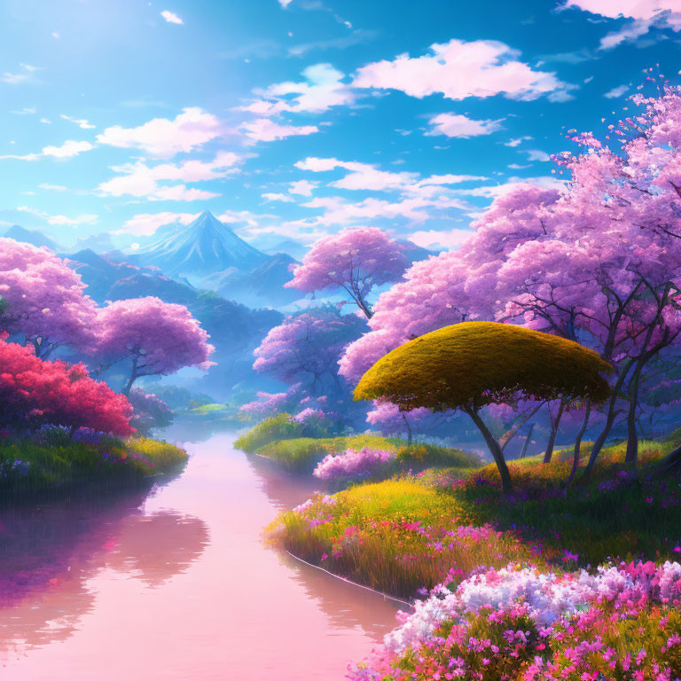 Tranquil landscape with pink cherry blossoms, river, greenery, and snow-capped mountain