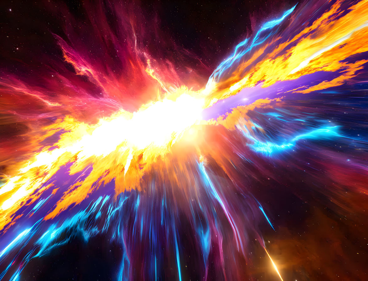 Colorful cosmic scene with dynamic light streaks hinting at a supernova or nebula.