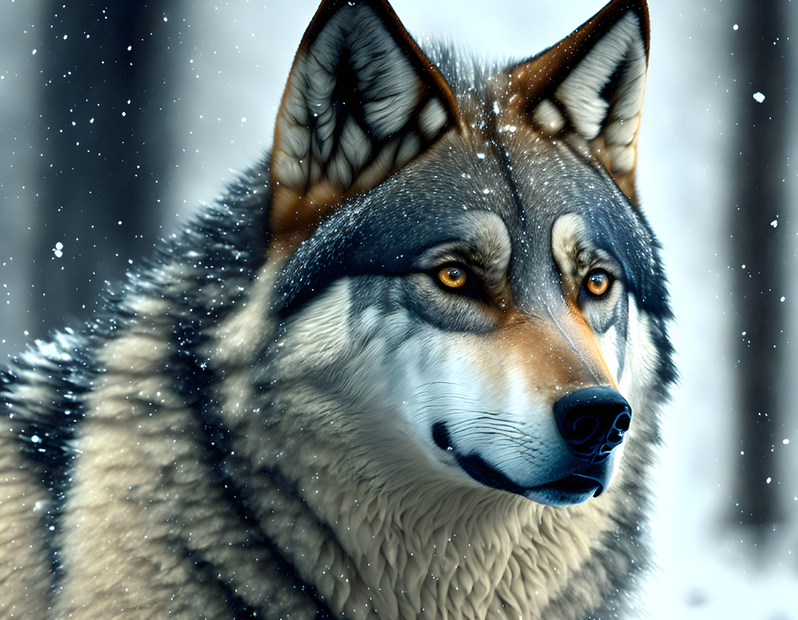 Detailed Wolf Portrait in Falling Snowflakes on Blurred Snowy Background