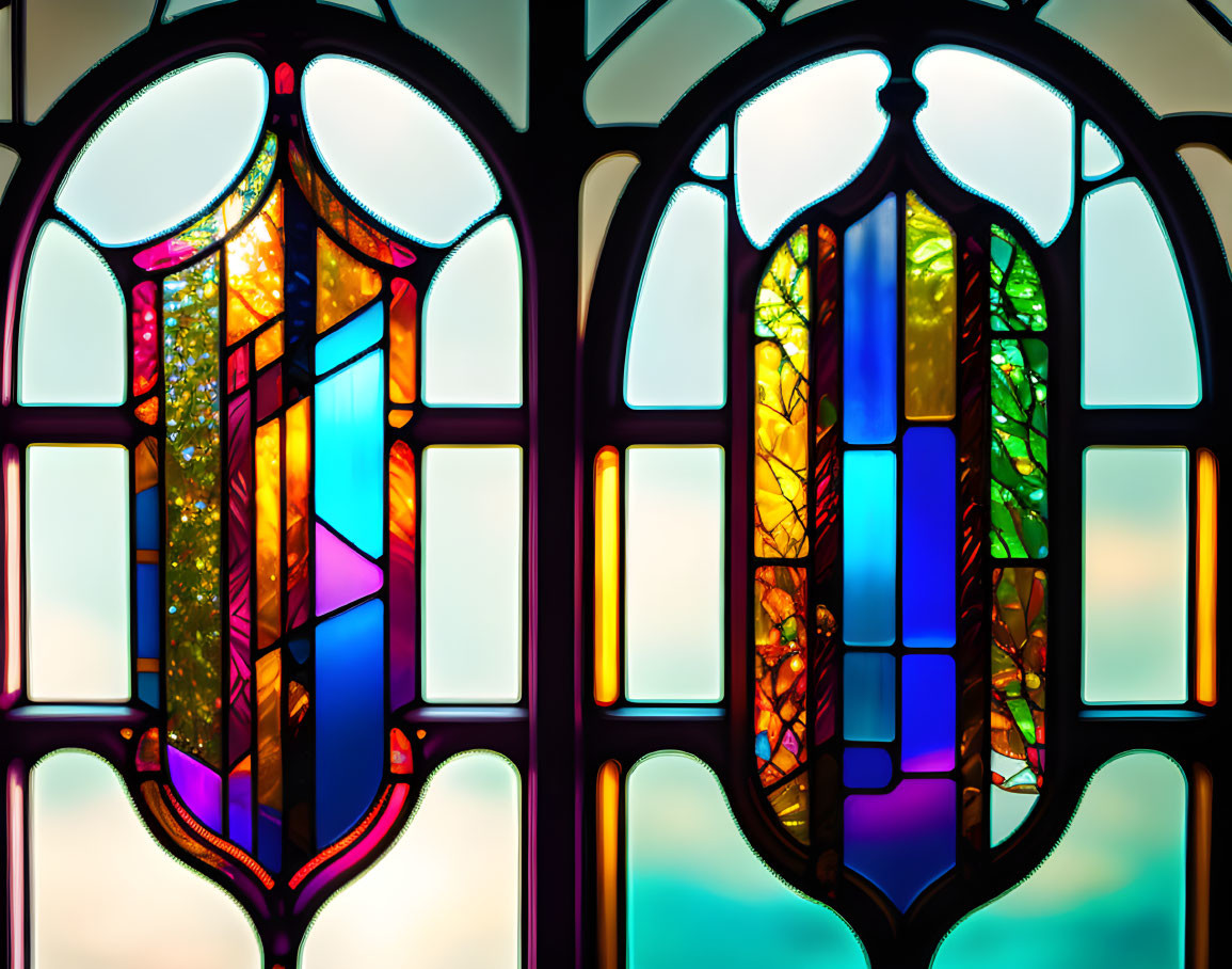 Vibrant blue, orange, and green stained glass windows with intricate patterns