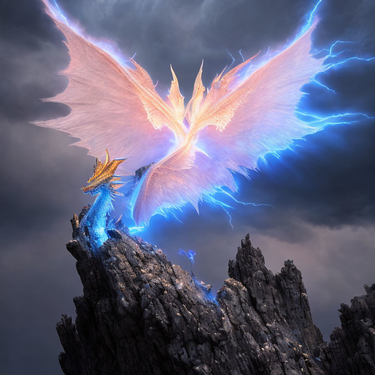 Majestic dragon with glowing blue and orange wings on craggy peak