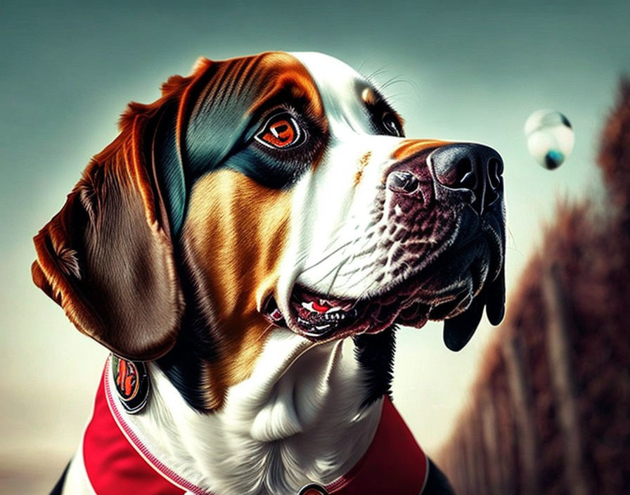 Brown and White Dog with Soulful Eyes and Red Collar Staring at Ball