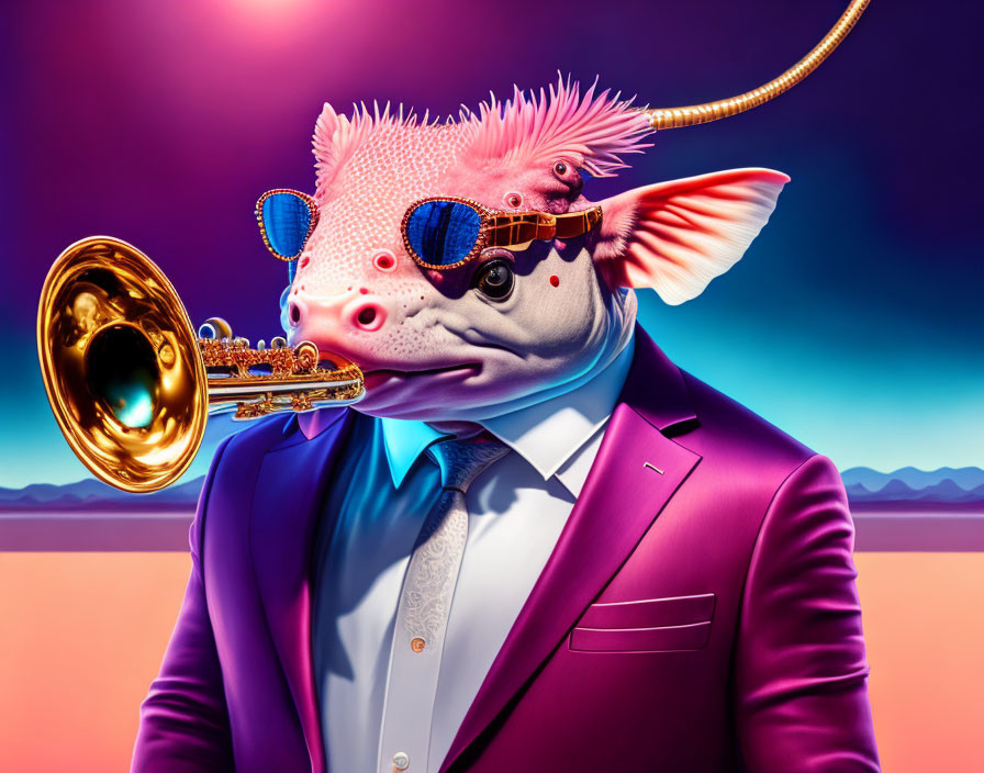 Colorful surreal artwork: anthropomorphic fish-headed creature in pink suit playing trombone