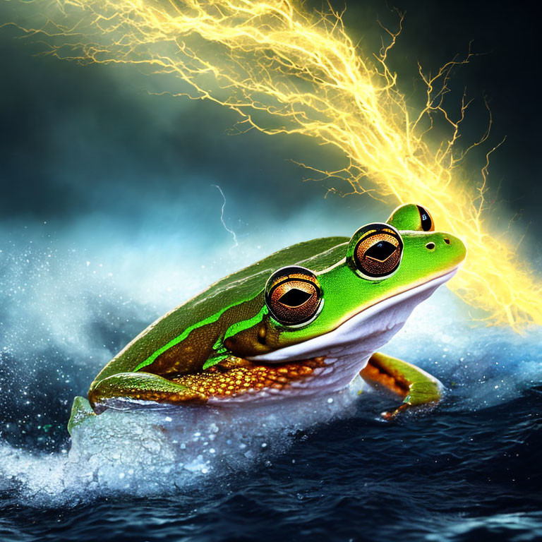 Colorful green frog on water-like surface with lightning and dark clouds