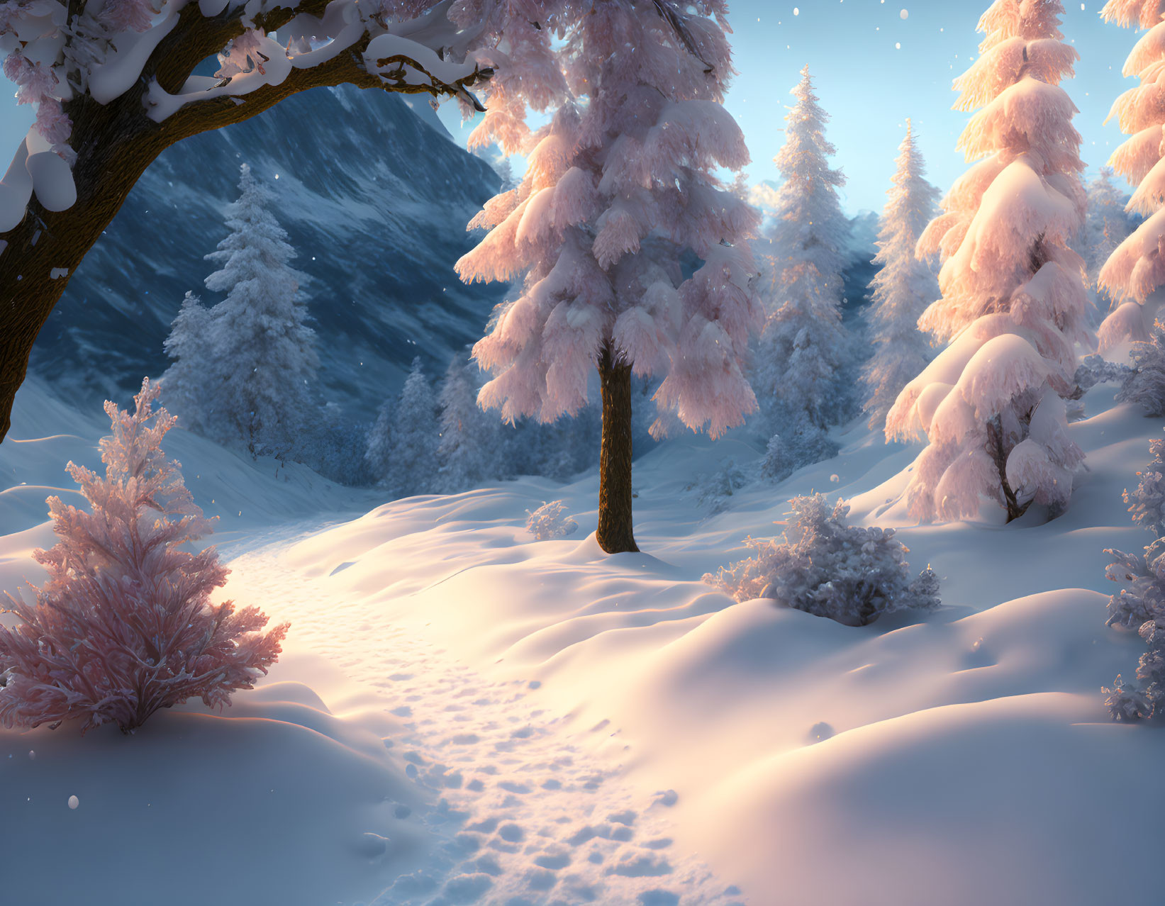 Snow-covered pink trees in serene winter landscape