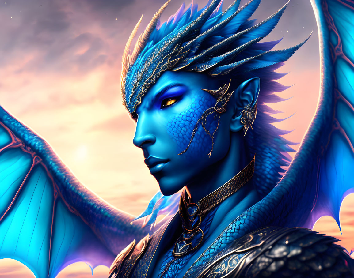 Blue-skinned fantasy character with dragon-like scales and majestic wings.