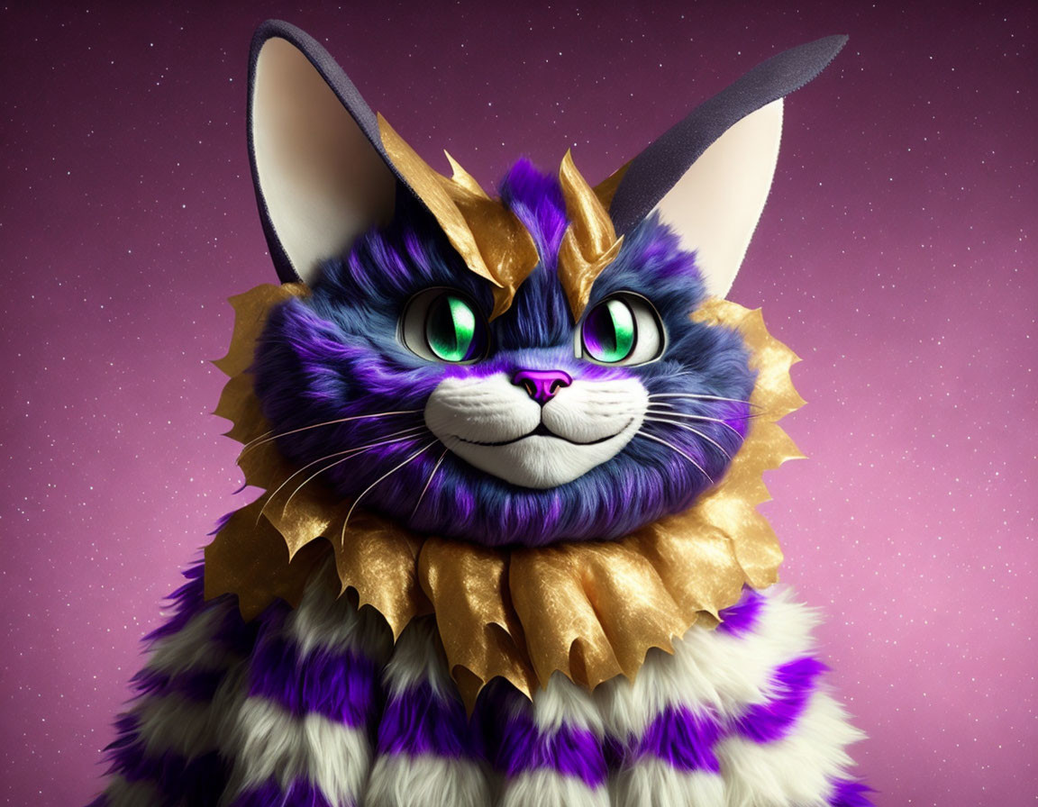 Vibrant purple fur cat with golden eyes on pink starry backdrop