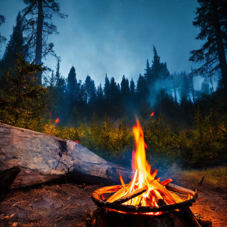 Starry Night Sky Campfire with Pine Trees Silhouettes