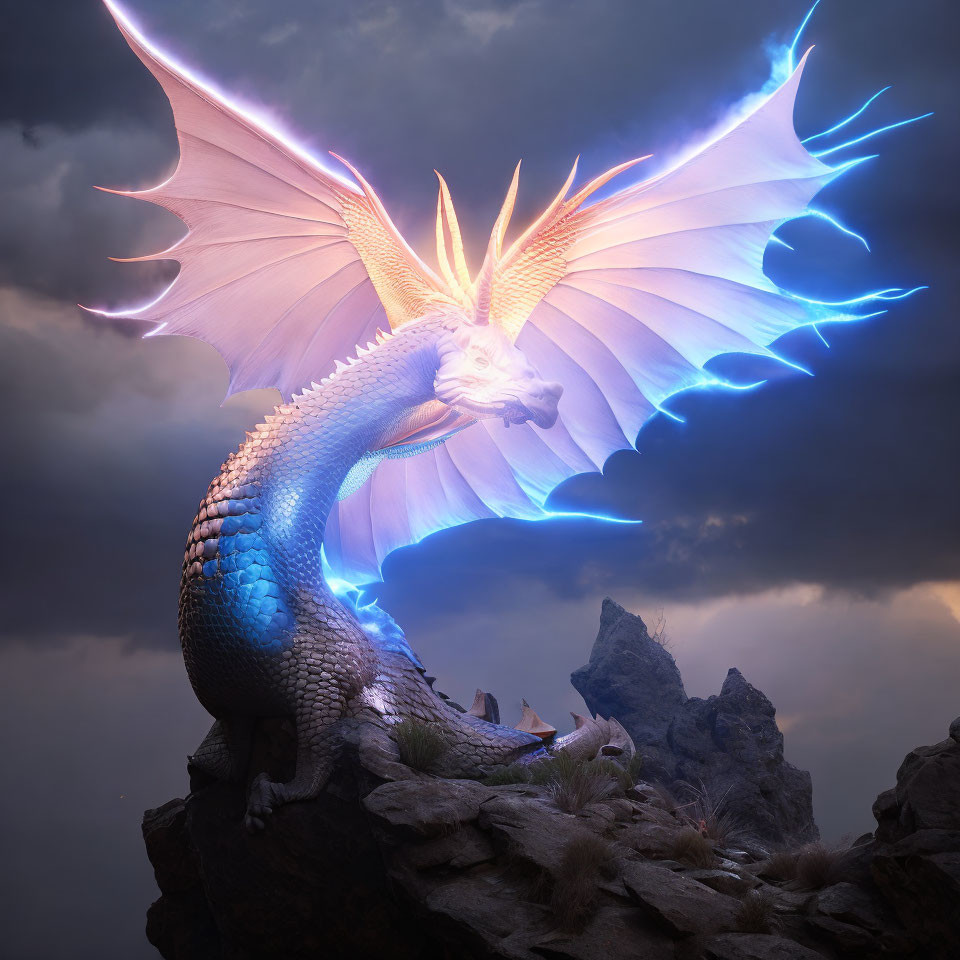 Blue Dragon with Glowing Horns on Craggy Rocks in Stormy Sky