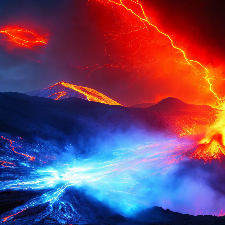 Majestic volcanic eruption with glowing lava and blue smoke under red lightning