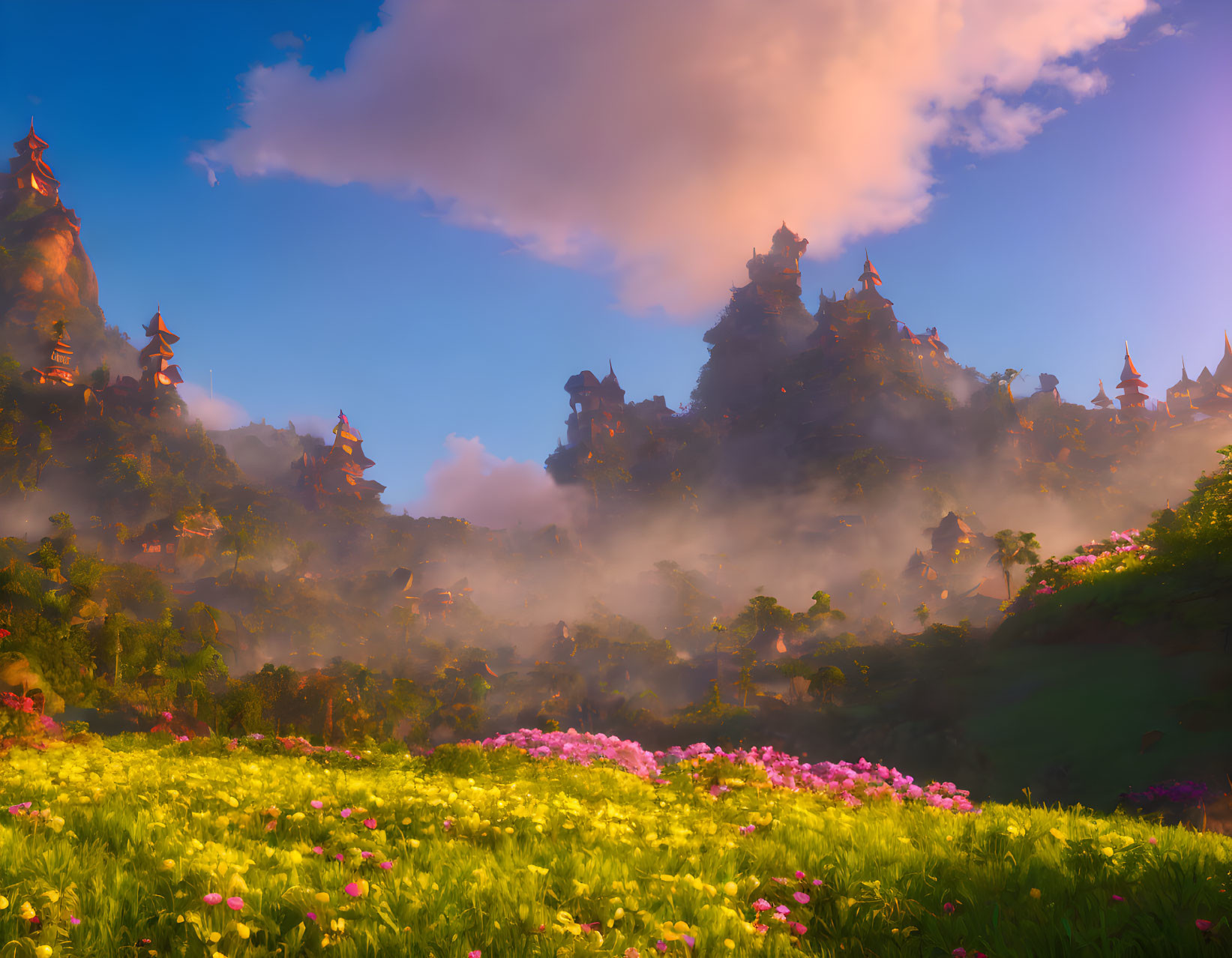 Fantasy landscape with flower meadow, misty castles, and mountains under dreamy sky