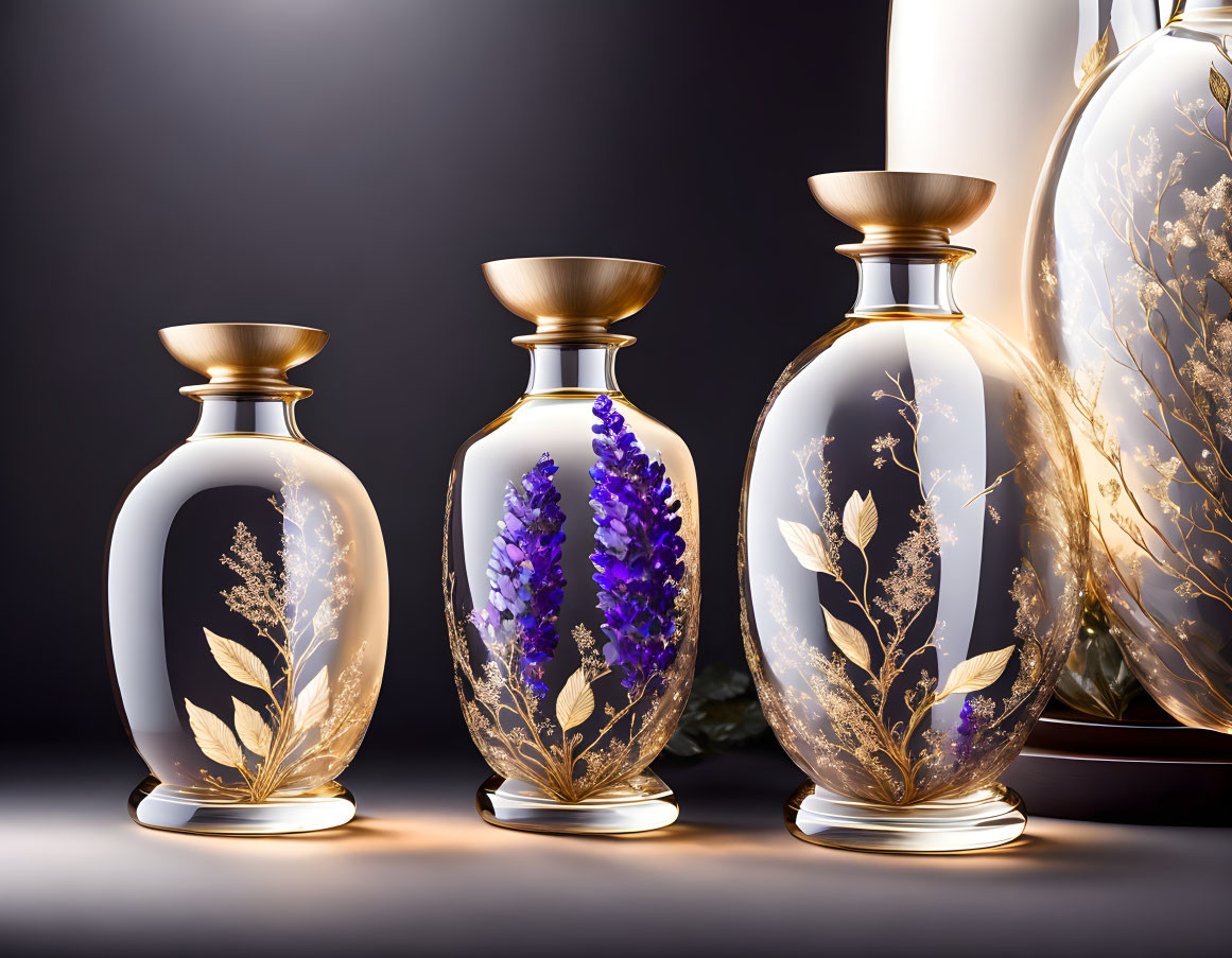 Ornate glass vases with gold accents and floral designs on dark gradient background