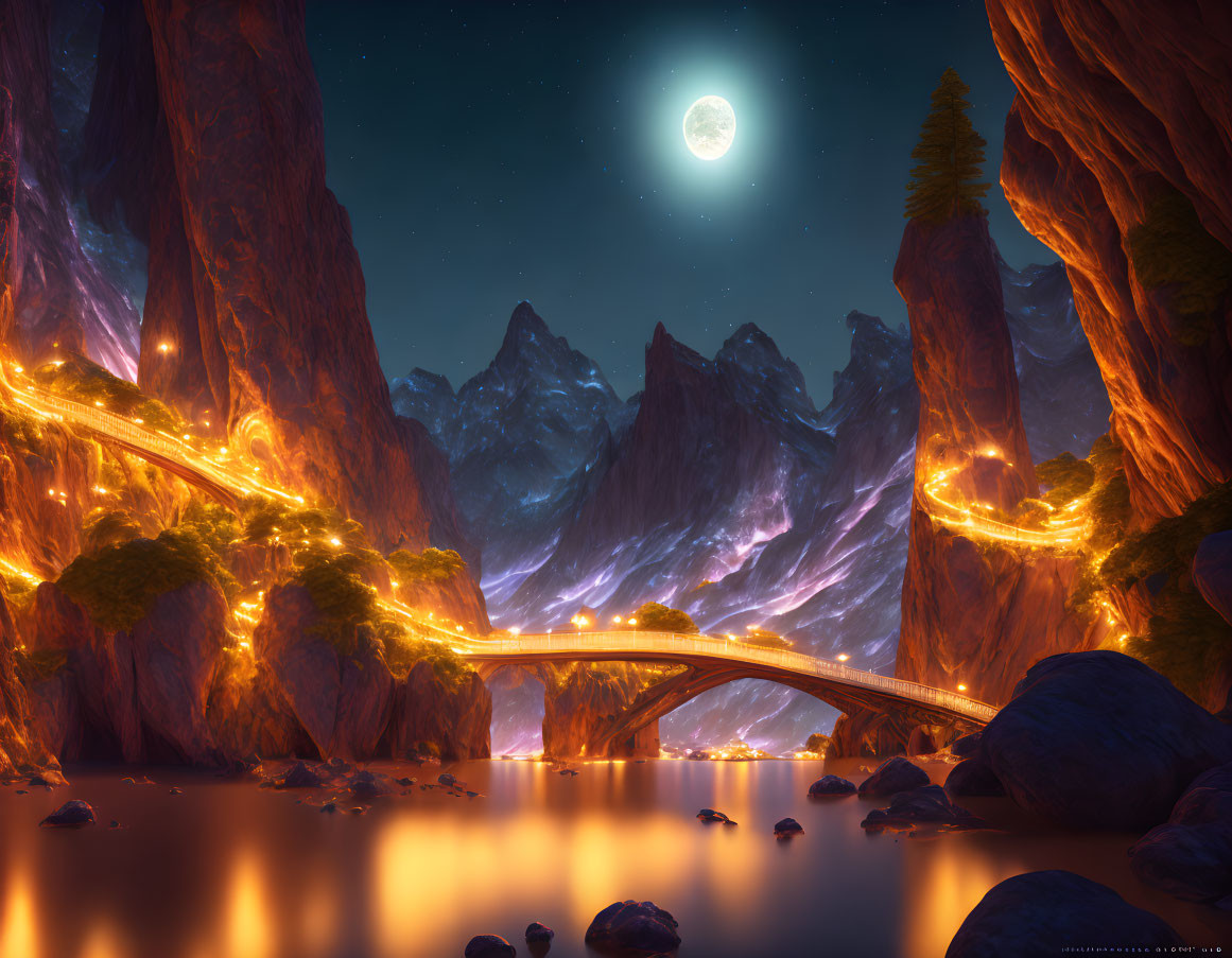 Glowing bridge over mountains on calm lake under starry sky