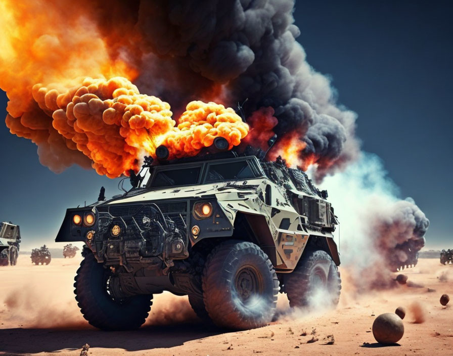 Military vehicle racing through desert under fiery orange smoke