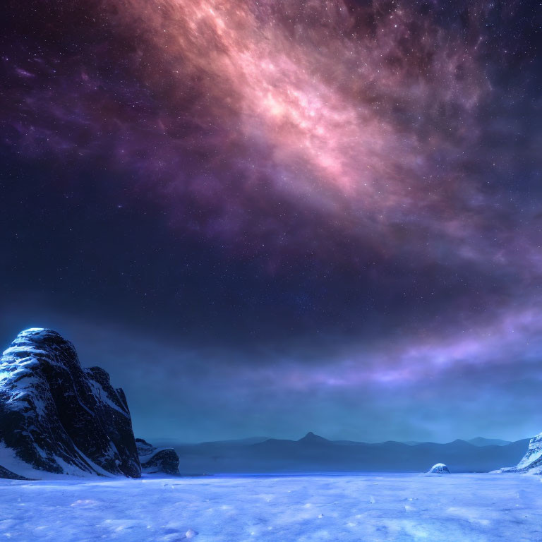 Snowy landscape under glowing night sky with visible galaxy