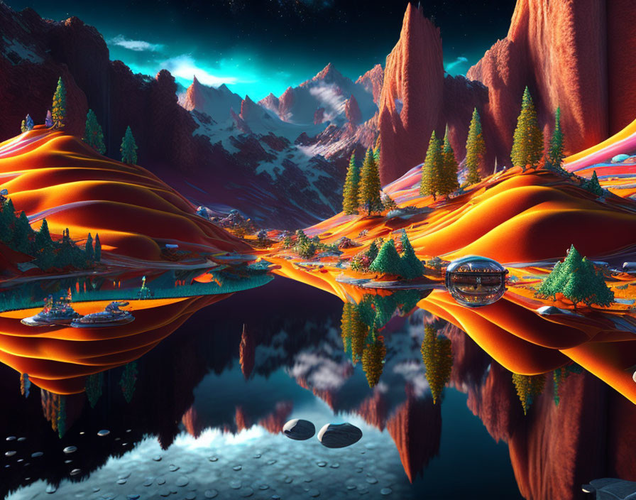 Surrealist landscape with orange hills, pine trees, reflective lake