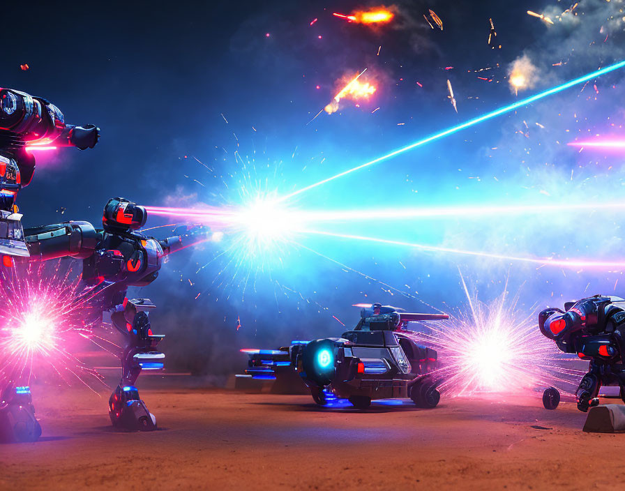 Futuristic robots in intense laser battle at night