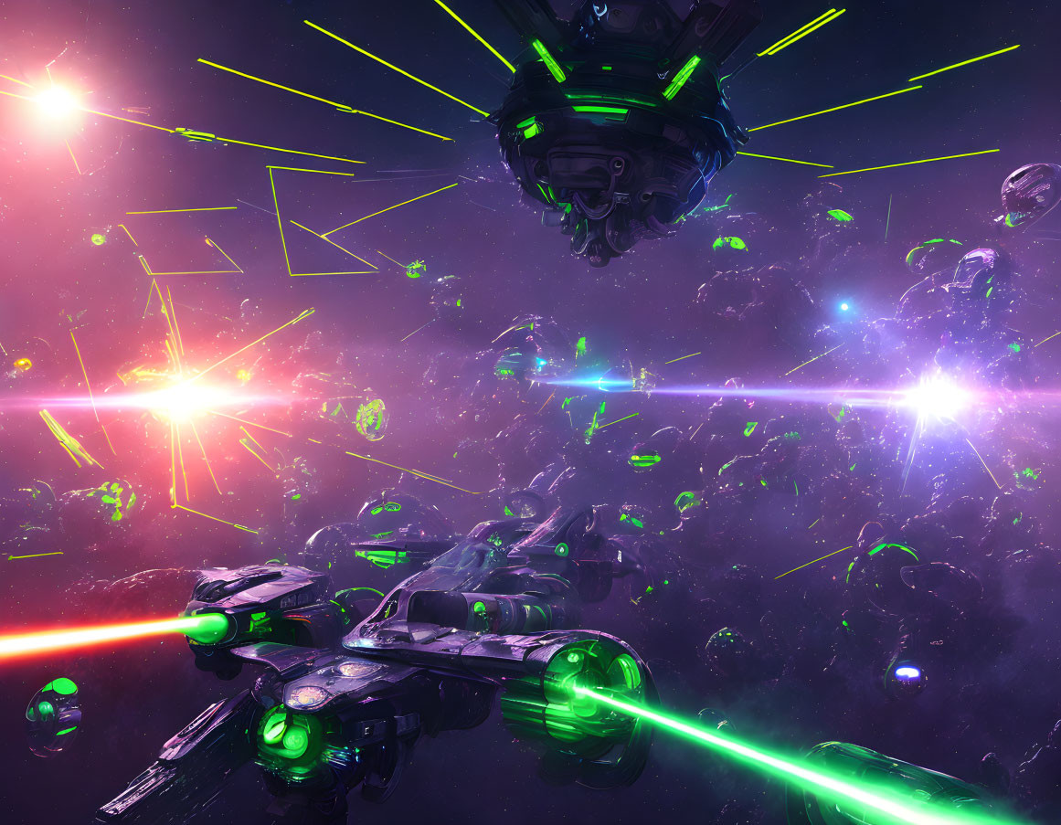 Intense Sci-Fi Space Battle with Green Lasers and Nebula Backdrop