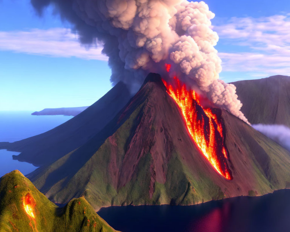 Majestic volcanic eruption with flowing lava and smoke amid mountains, water, and sky