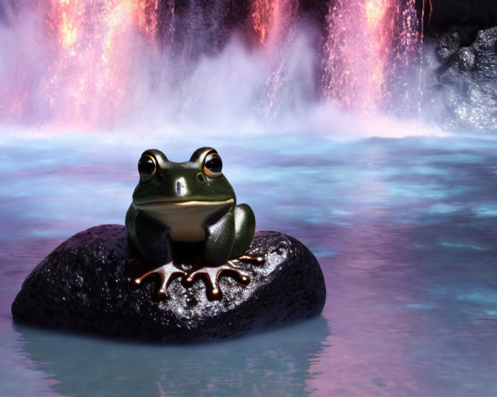 Frog on Rock by Waterfalls with Pinkish Mist