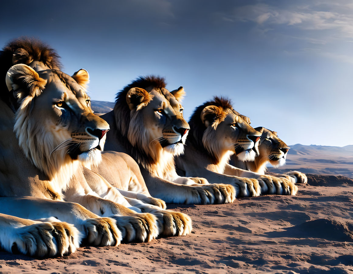 Four lions resting on sandy ground under blue sky with wispy clouds