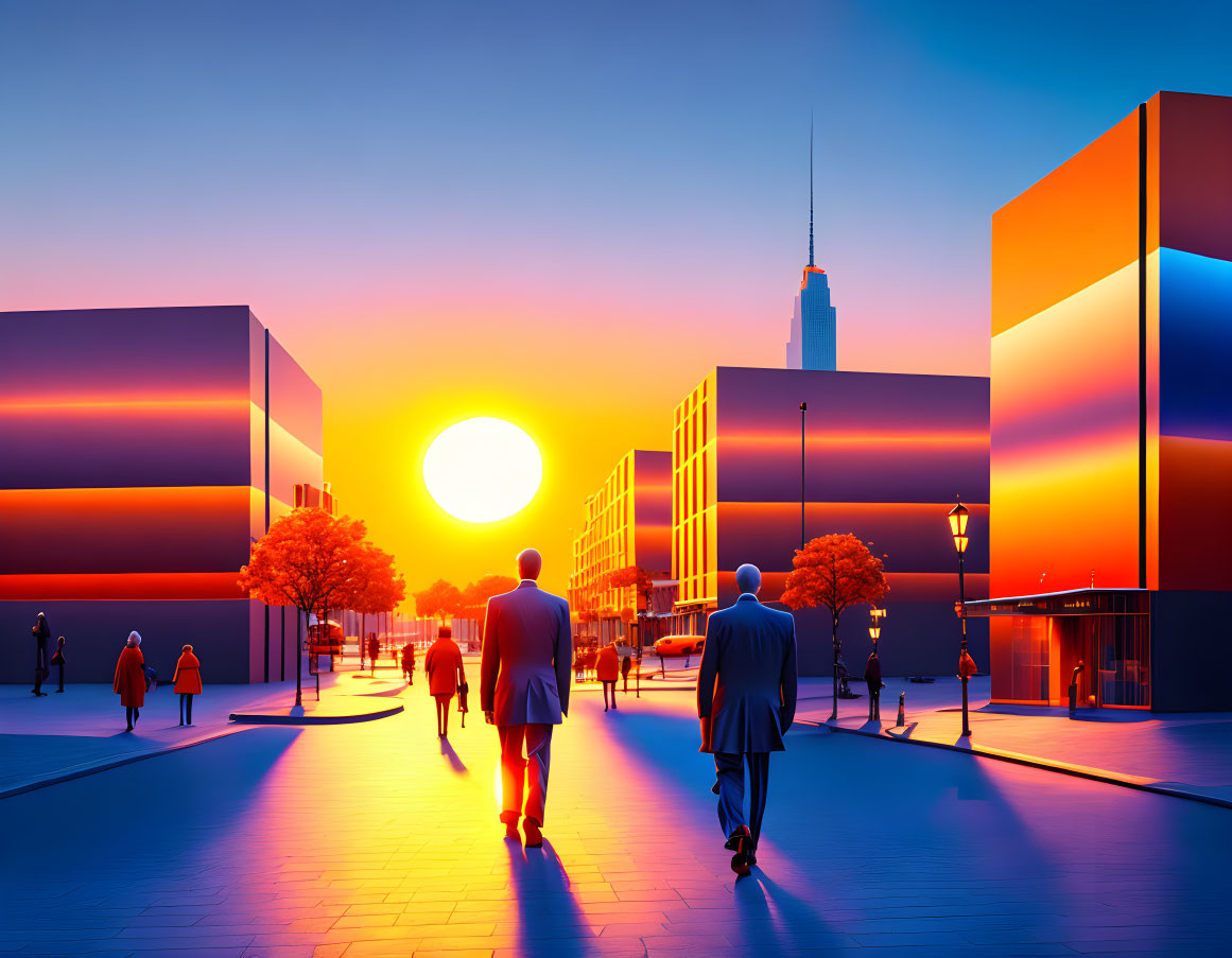 Pedestrians and skyscrapers in colorful sunset cityscape