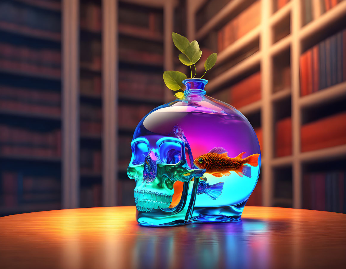 Colorful Fish in Skull Fishbowl with Plant on Table and Bookshelf Background