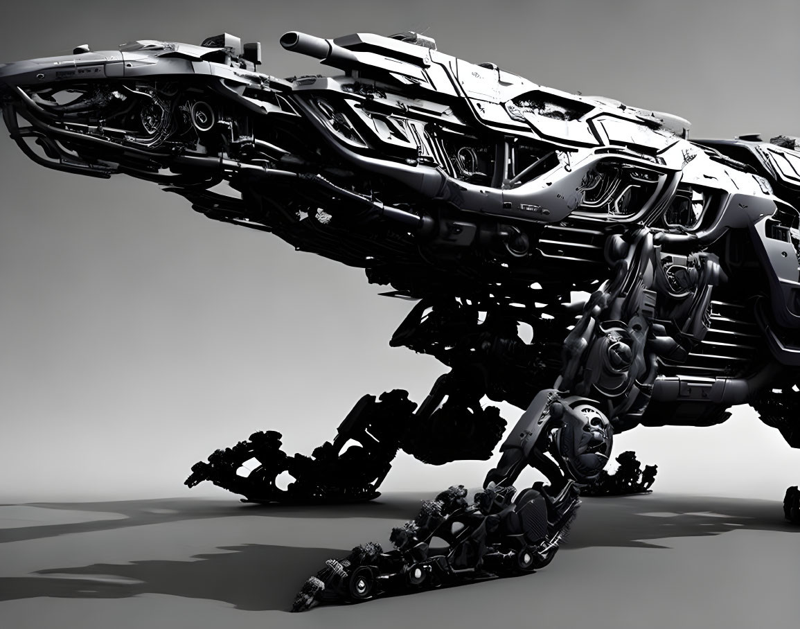 Monochrome 3D rendering of futuristic mechanical dragon structure