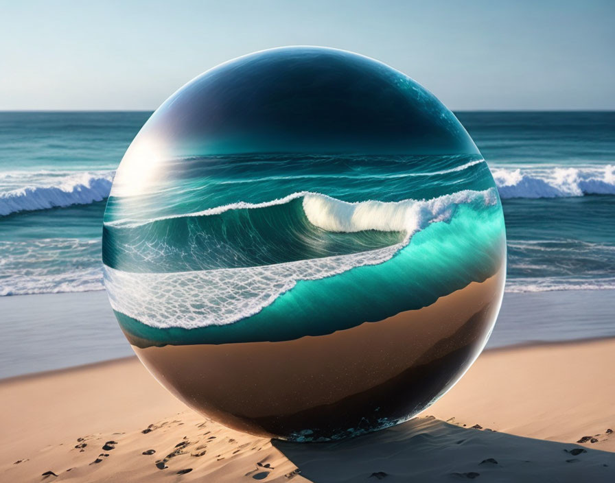 Surreal ocean wave in glossy sphere on sandy beach