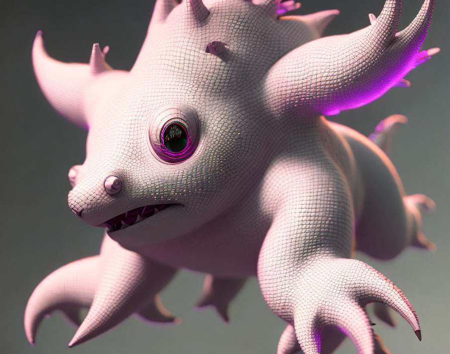 Colorful 3D-rendered creature with large eye, fangs, horns, and purple accents