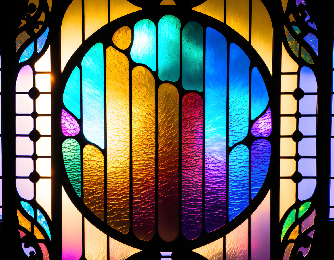 Vibrant Stained Glass Window in Blue, Purple, and Orange