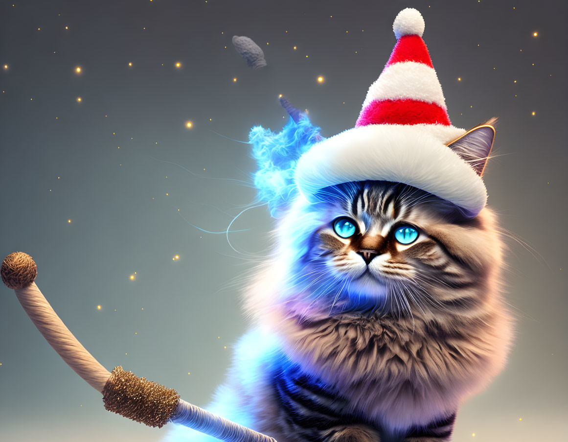 Fluffy cat in Santa hat with magical wand on starry background