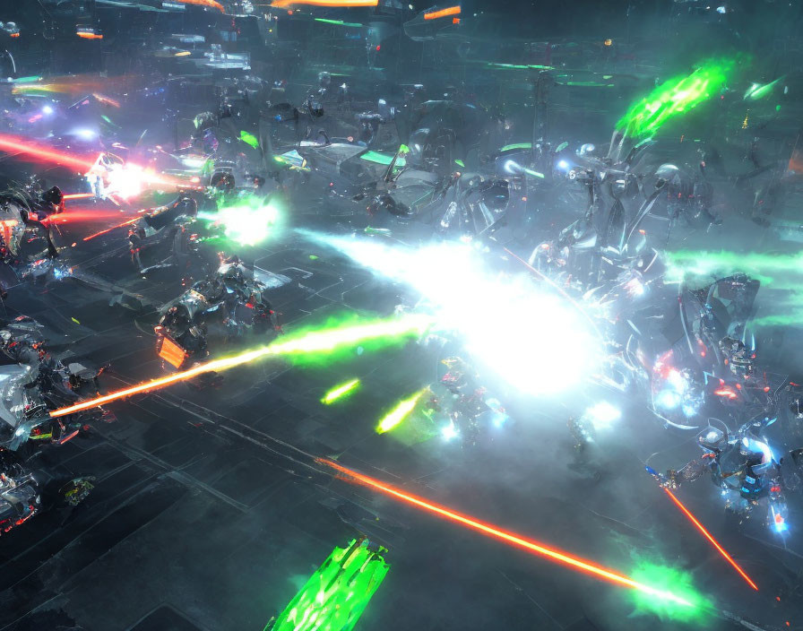 Robots and Explosions in Vibrant Futuristic Battle Scene