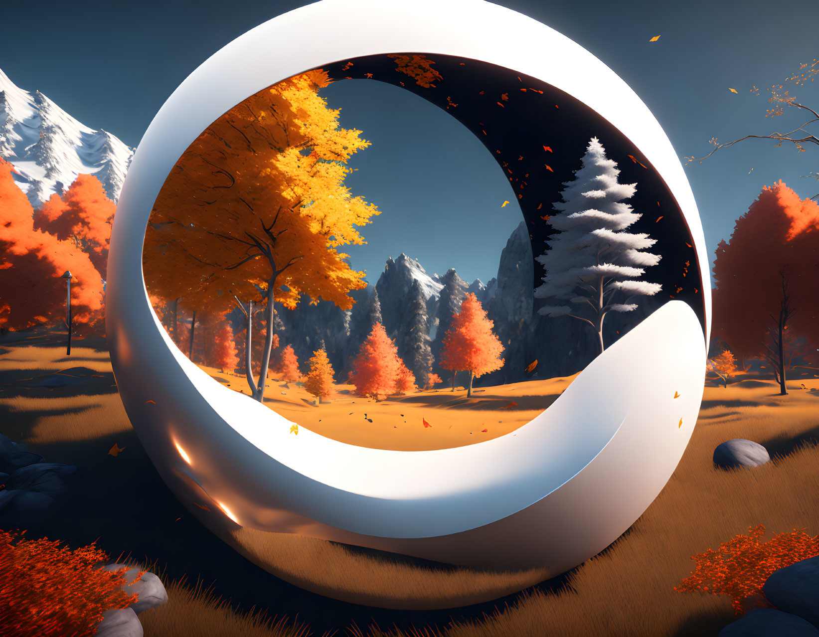 Surreal landscape with ring portal transitioning autumn to winter