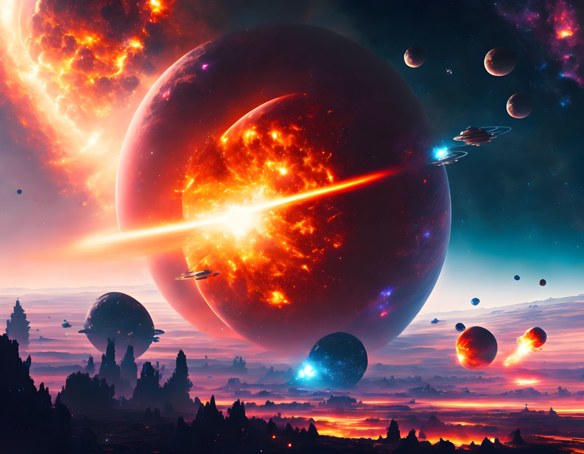 Colorful sci-fi landscape with planets, spaceships, nebula, and alien terrain