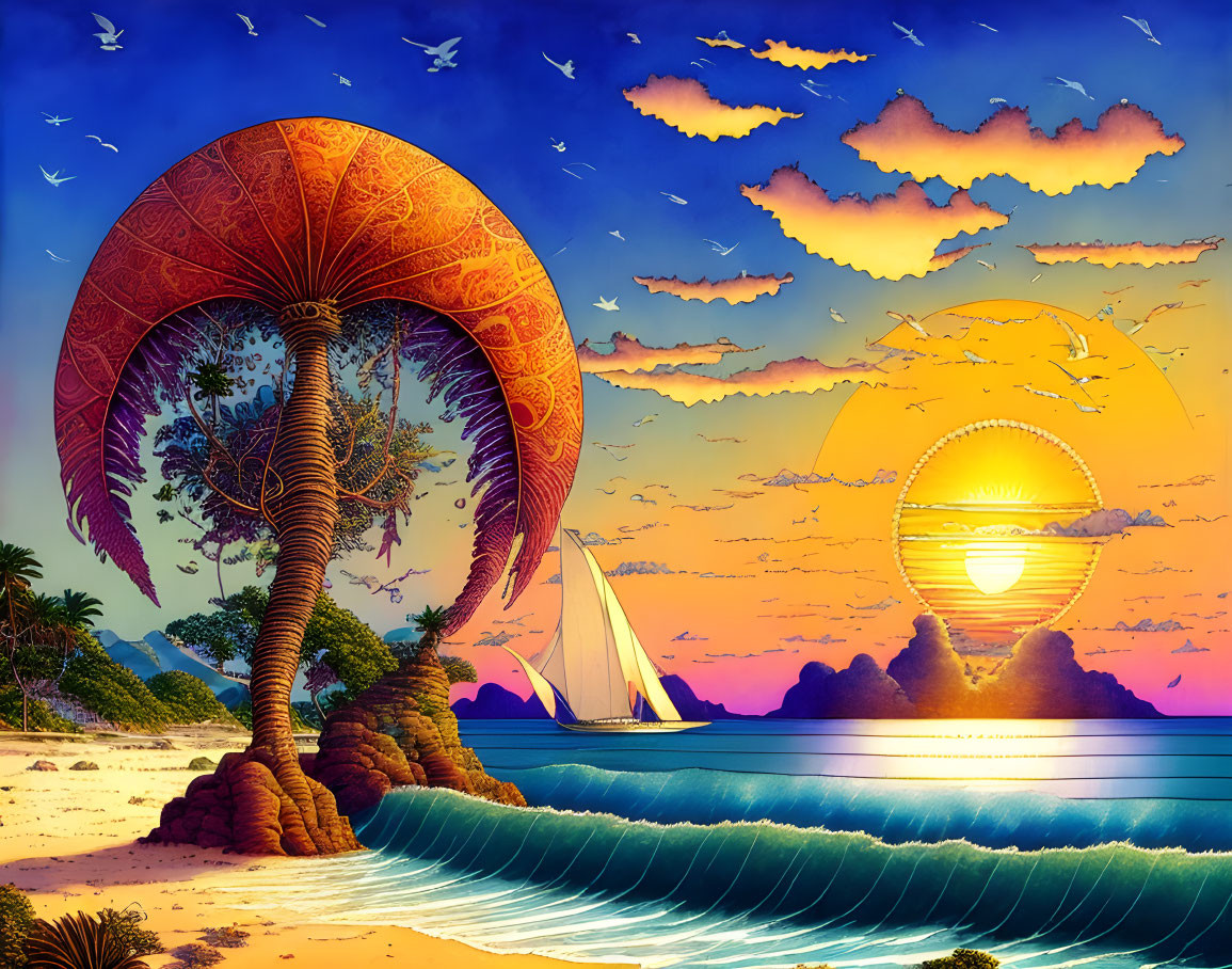 Surreal landscape with mushroom-shaped palm tree, sailboat, sunset, and birds