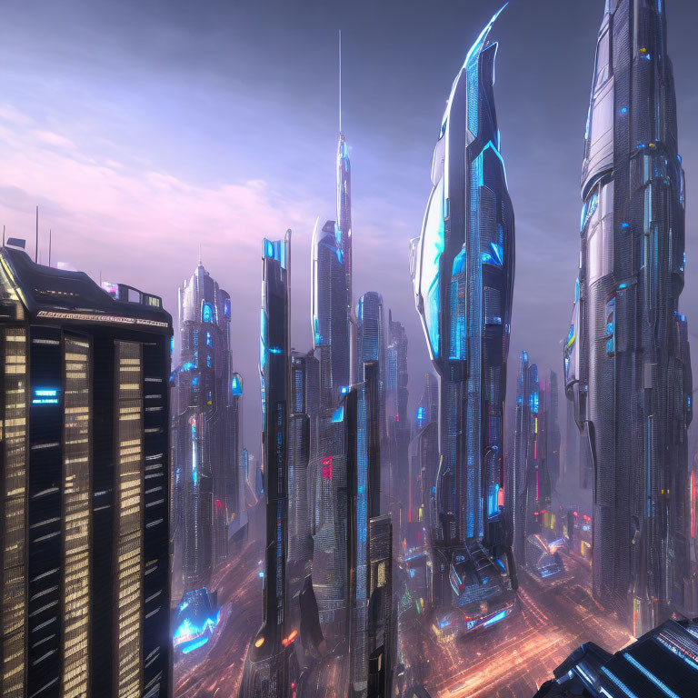 Futuristic cityscape at dusk with skyscrapers and neon lights