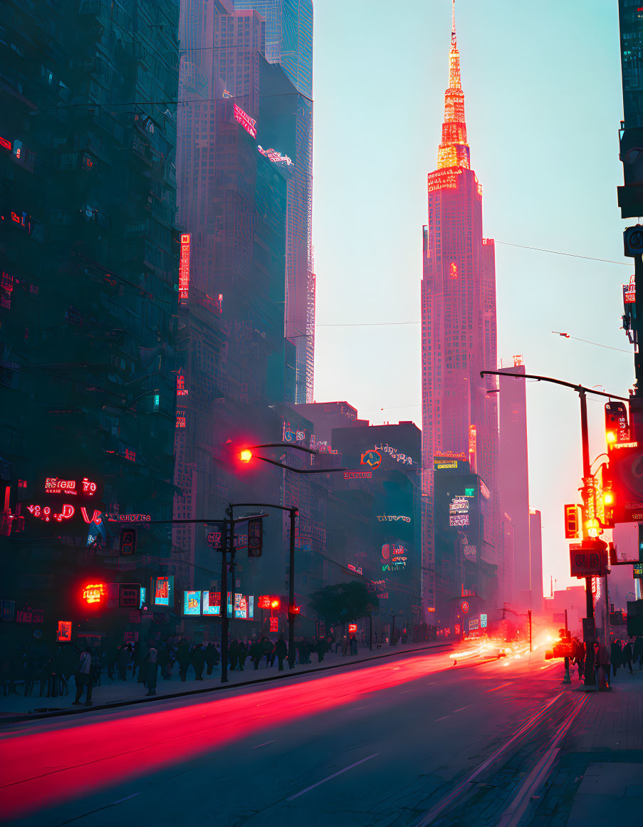 Vibrant twilight cityscape with neon lights and skyscrapers