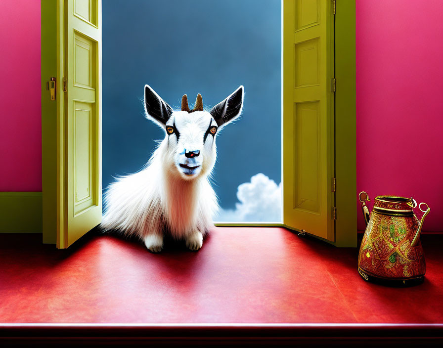 Surreal image: Goat with sky-painted face in pink room