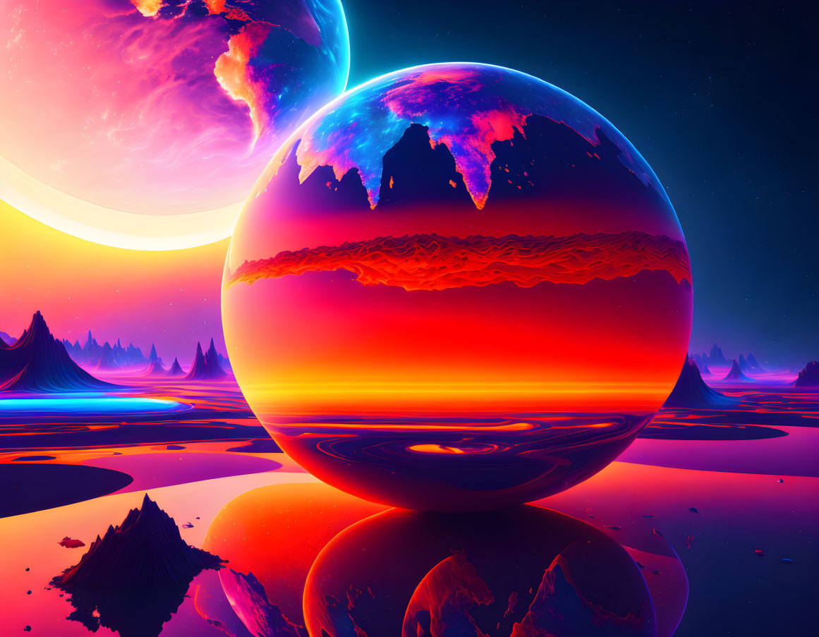 Sci-fi landscape with reflective sphere, mountains, luminous bodies, orange & blue sky