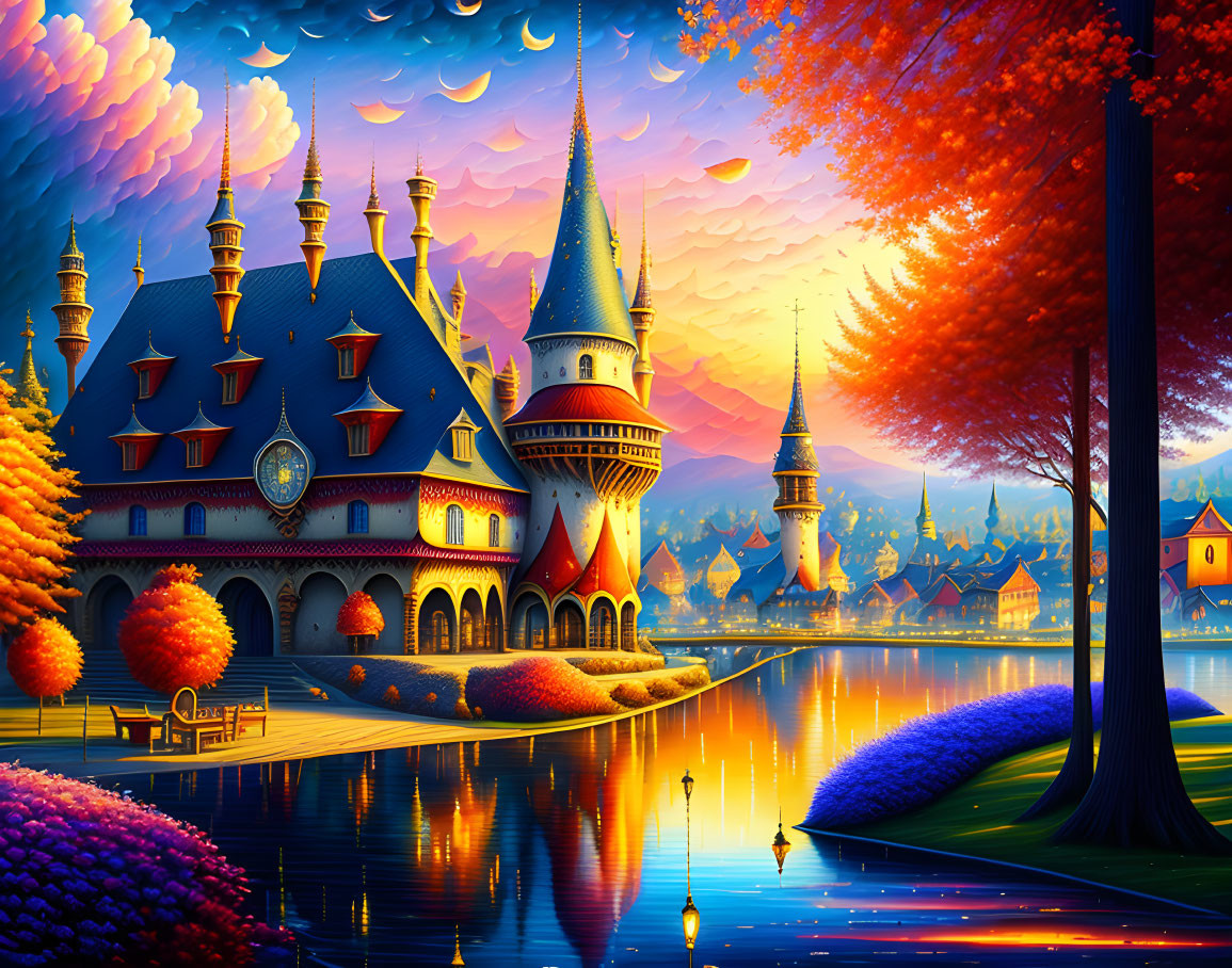 Colorful fairytale castle at sunset by a lake with vibrant trees and dramatic sky