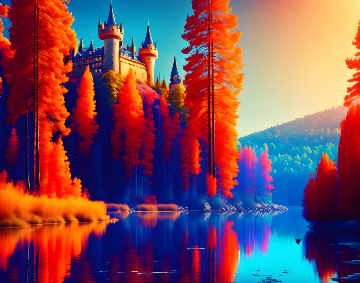 Fairytale castle surrounded by autumn trees near serene lake