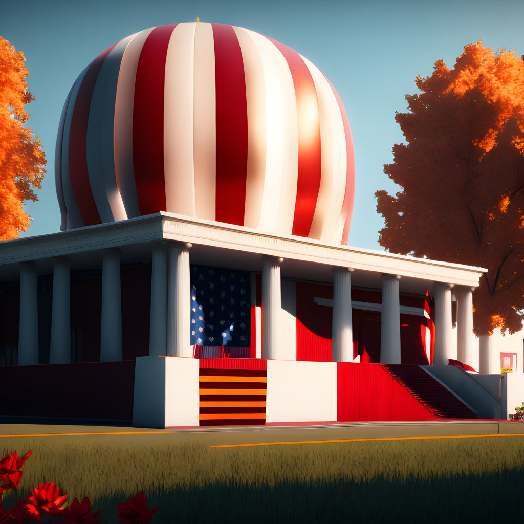 Patriotic-themed building with US flag hot air balloon design and autumn trees